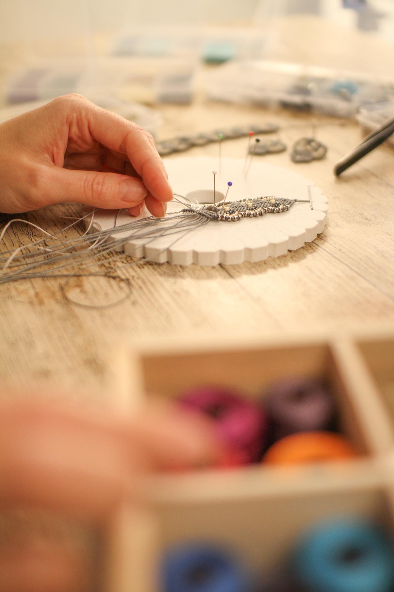 Close-up of artisan embroidery on linen